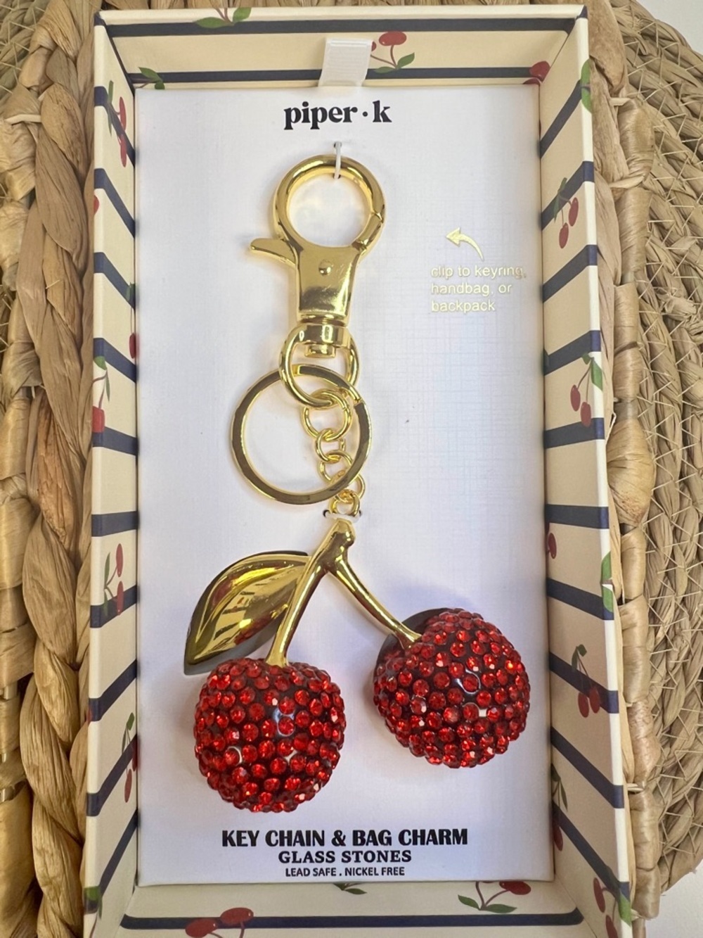Piper Red Crystal Cherry Key Chain with Gold Hardware